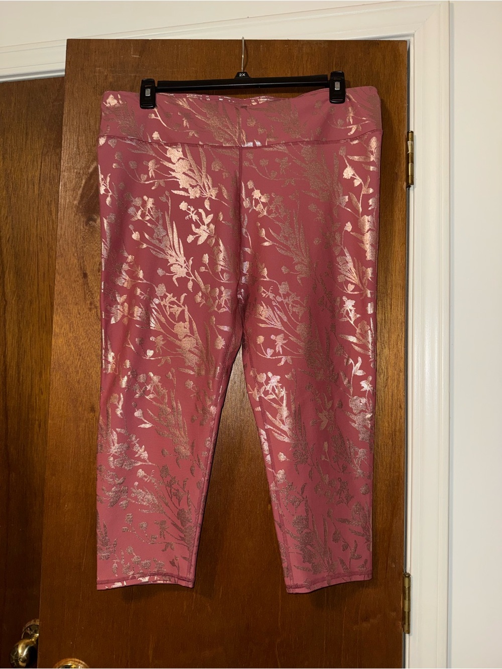 Fabletics Pink Capri Leggings with Metallic Floral Print
